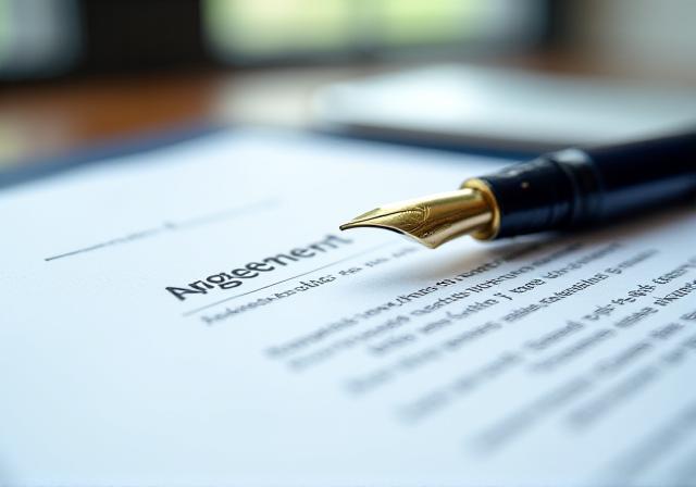 Legal documents and a fountain pen on a desk